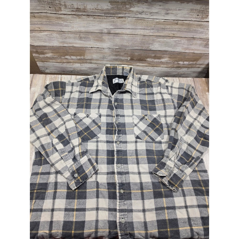 LumberJack Mens XL Plaid Button Down Shirt Grey White Yellow 100% Cotton L/S